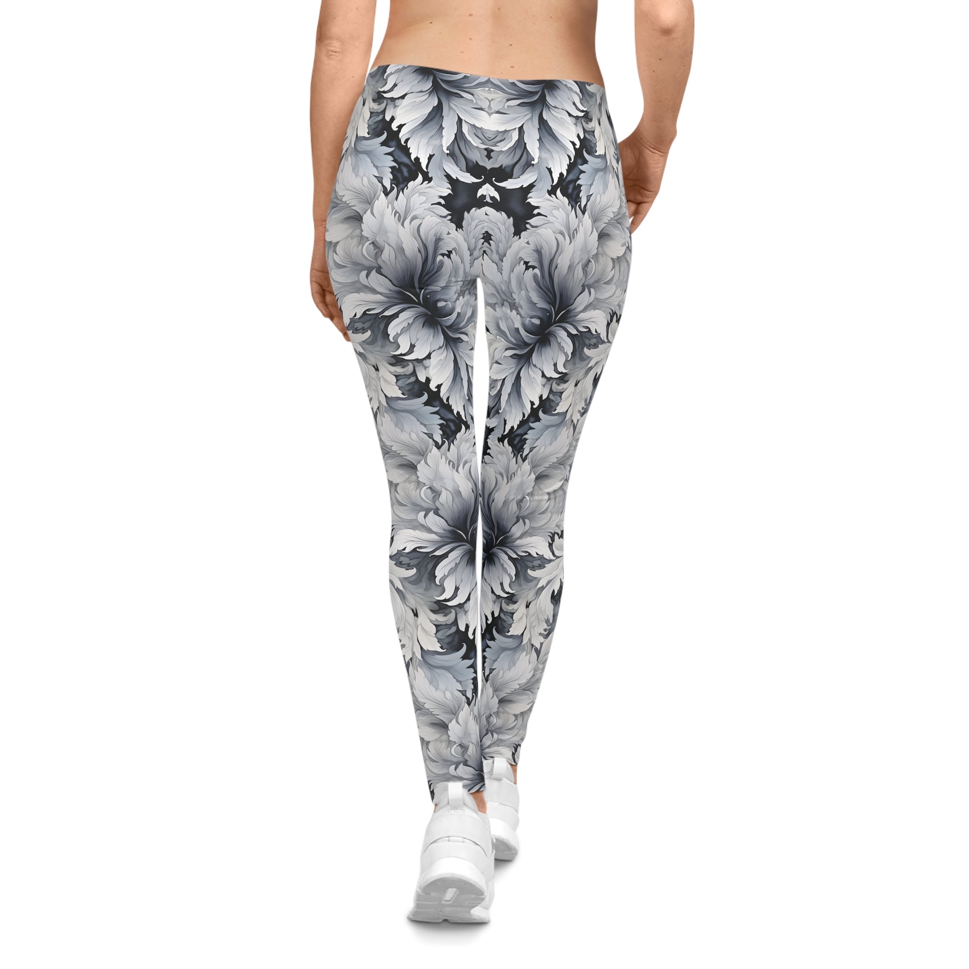 Black and White Floral Design Leggings Back