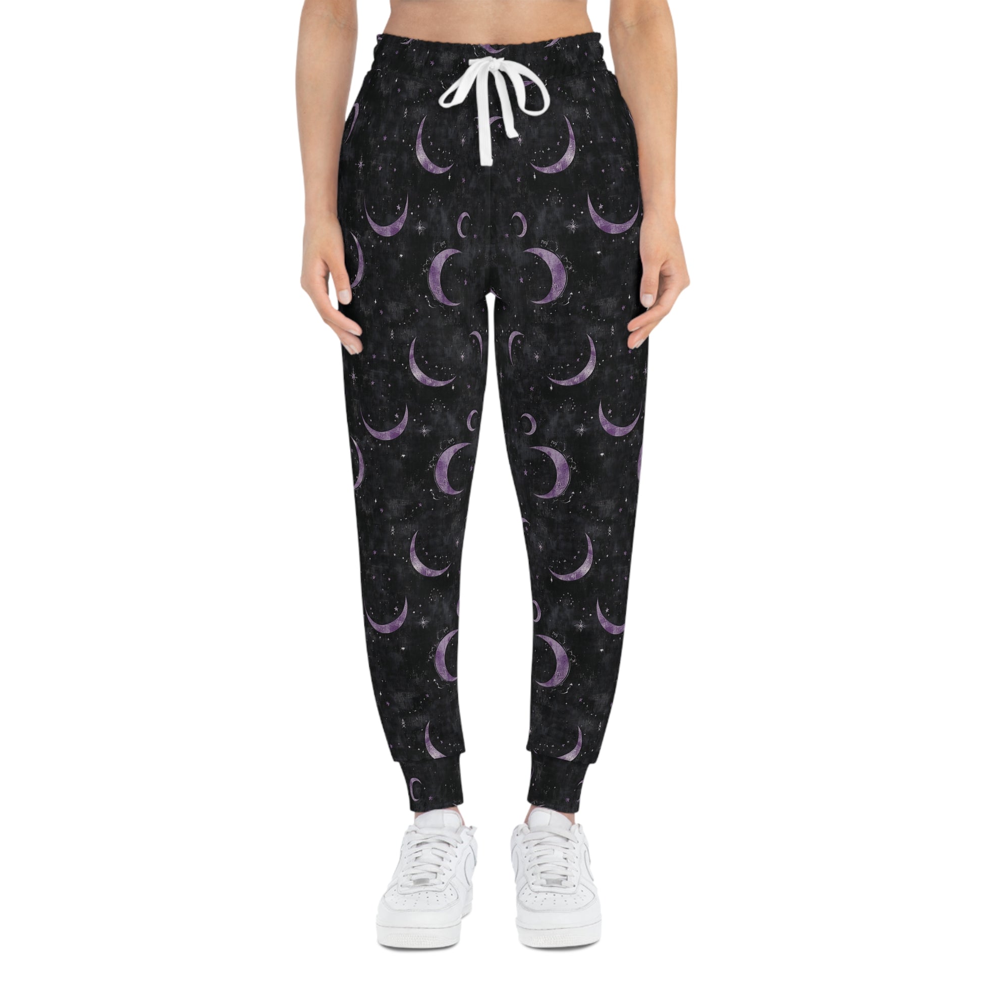 Black Gothic Joggers with Purple Crescent Moon Design Woman Front