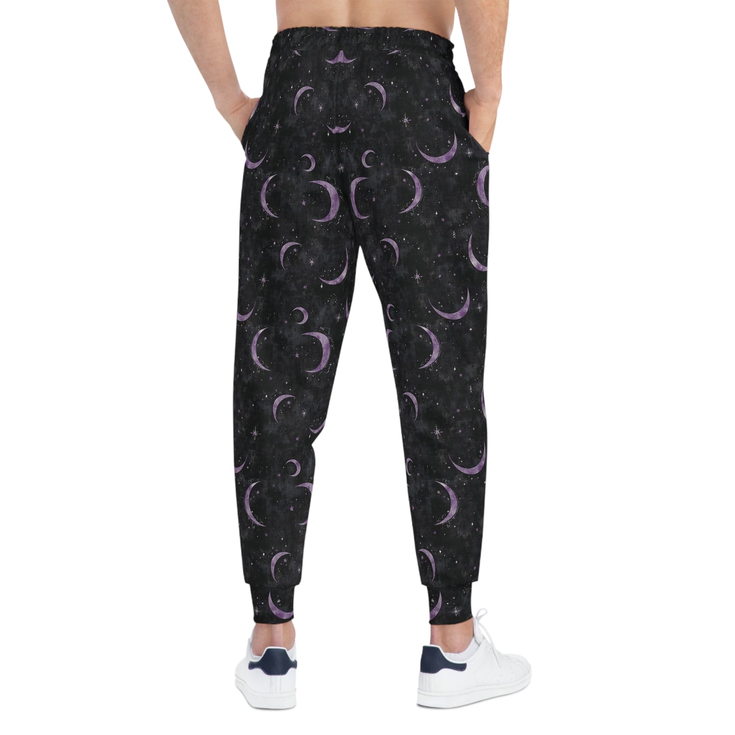 Black Gothic Joggers with Purple Crescent Moon Design Man Back