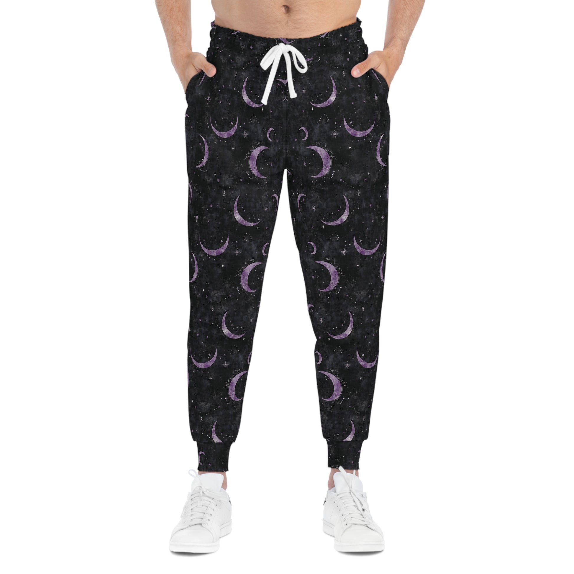 Black Gothic Joggers with Purple Crescent Moon Design Man Front