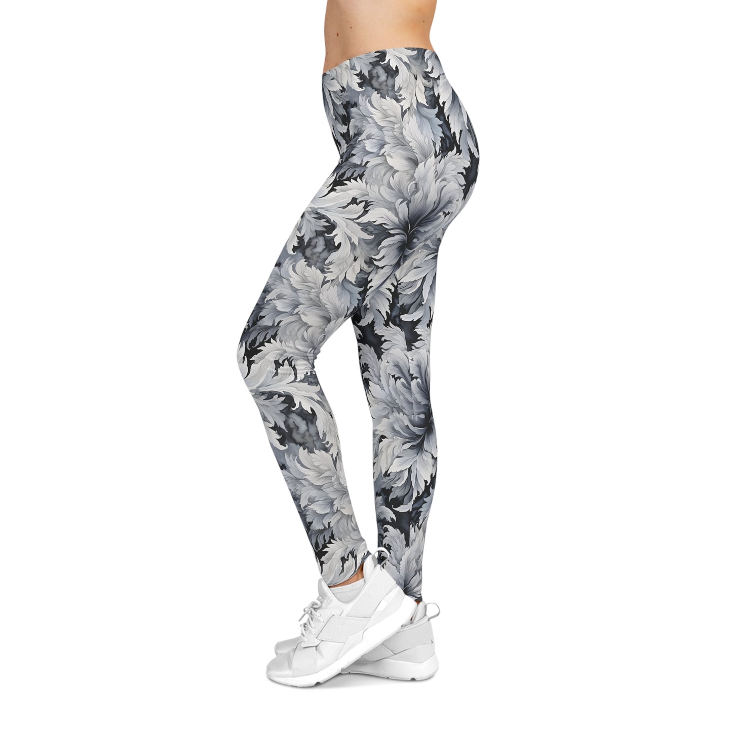 Black and White Floral Design Leggings Left