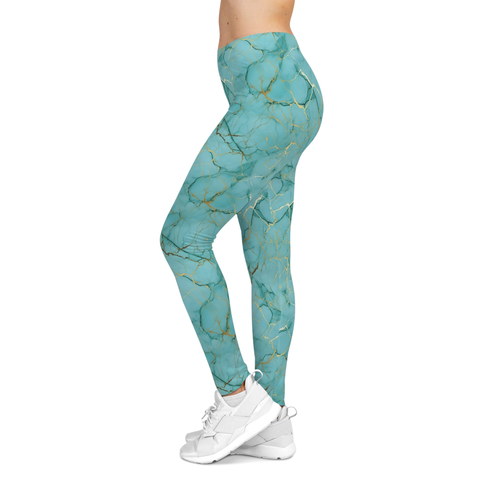 Turquoise and Gold Marble Leggings Left