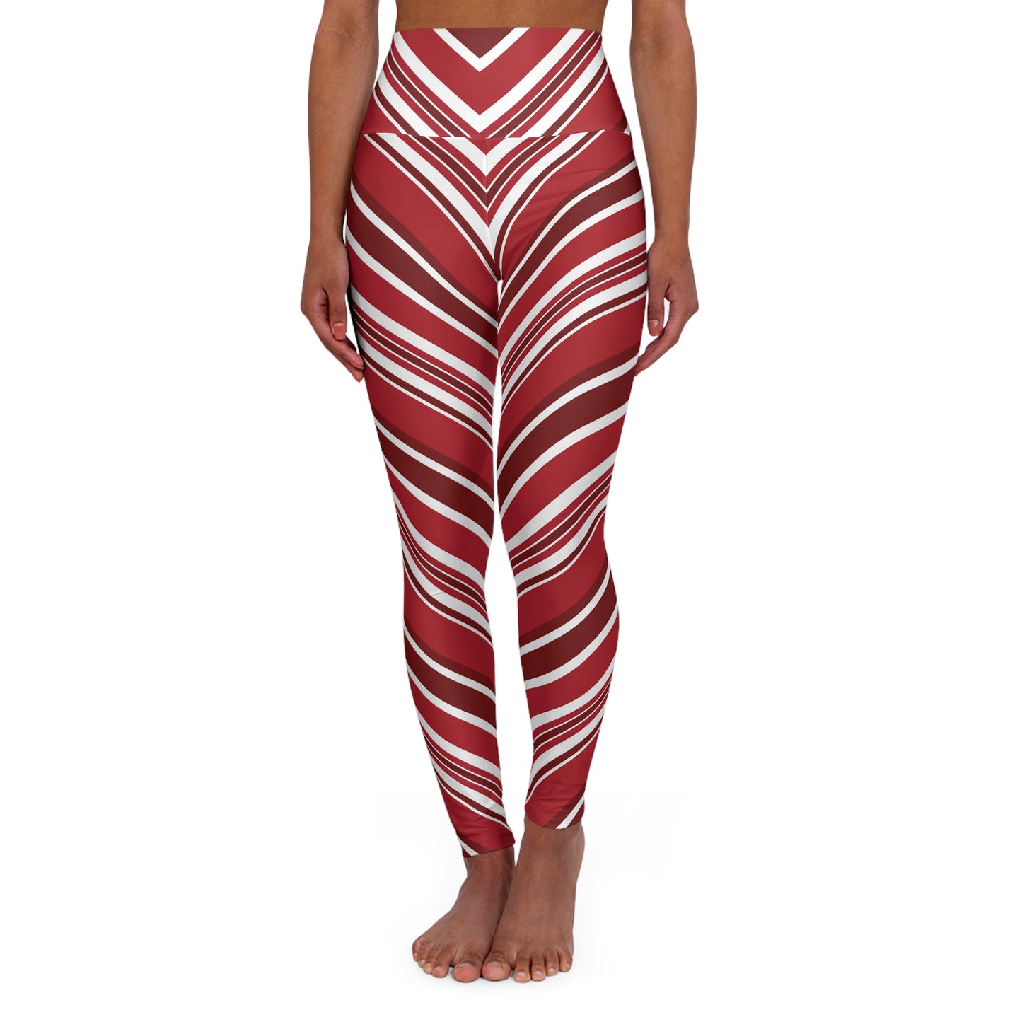 Red and White Striped High Waisted Leggings Front