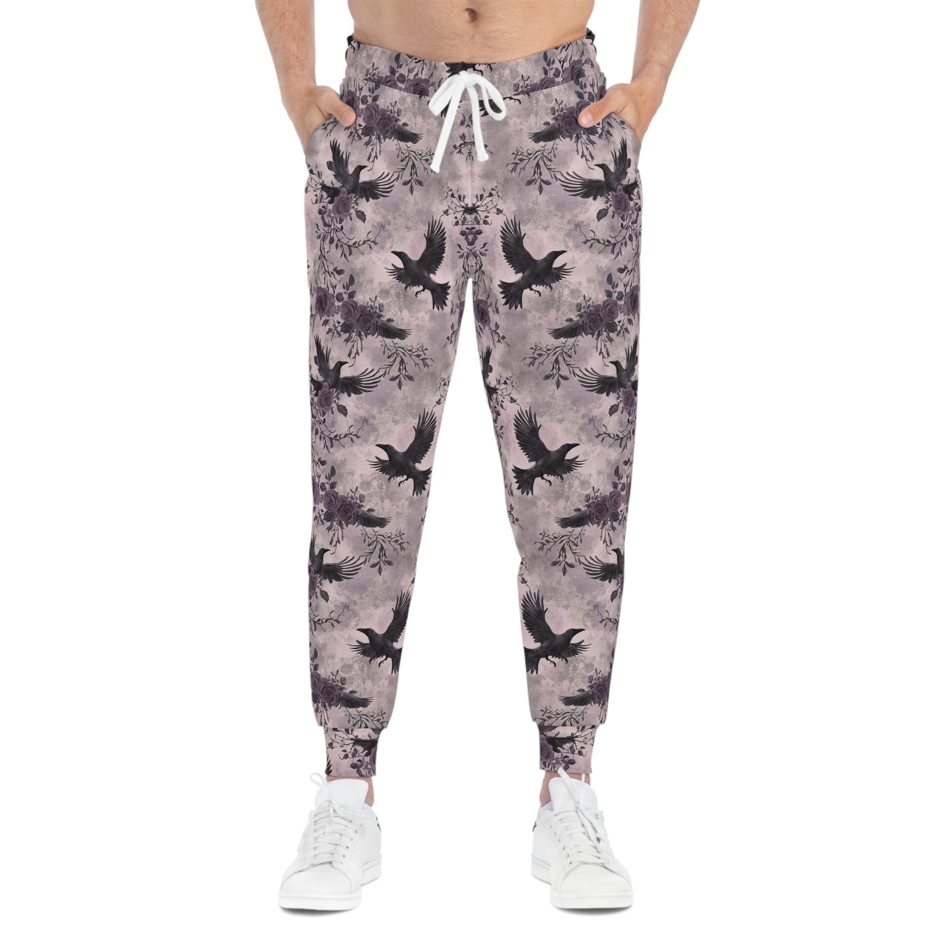 Light Purple Gothic Joggers with Flying Crows Design Man Front