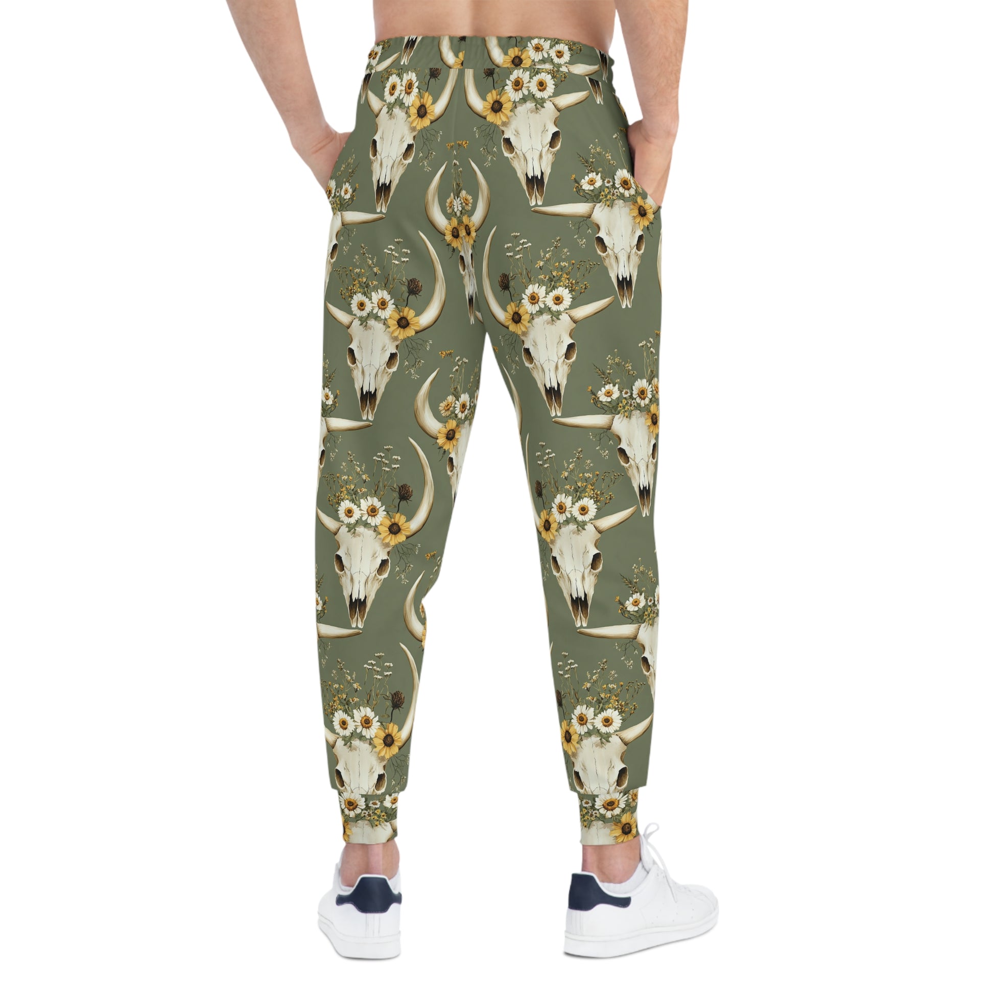 Khaki Green Joggers with Flower-Decorated Bull Skull Man Back