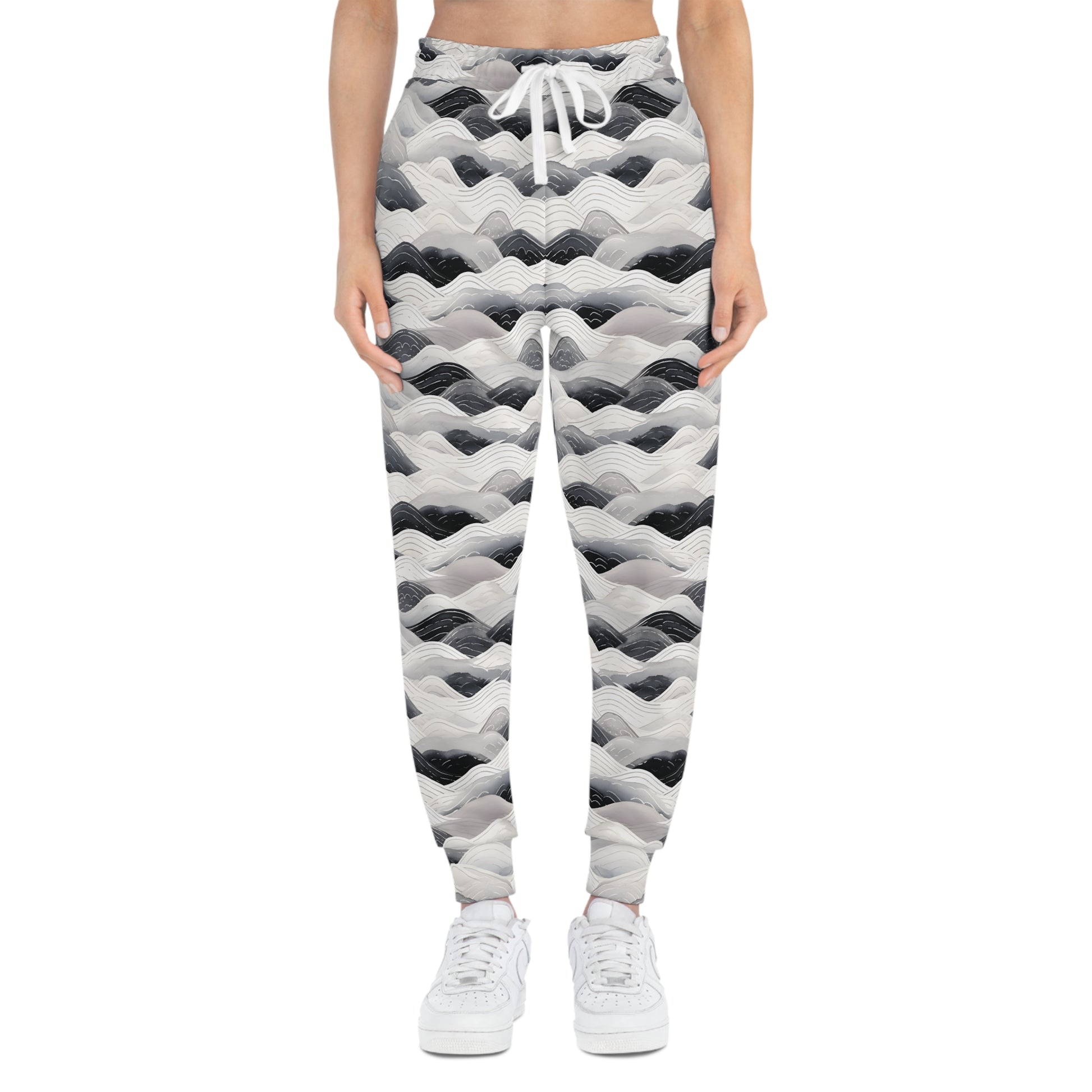 Black and White Joggers with Ocean Waves Pattern Woman Front