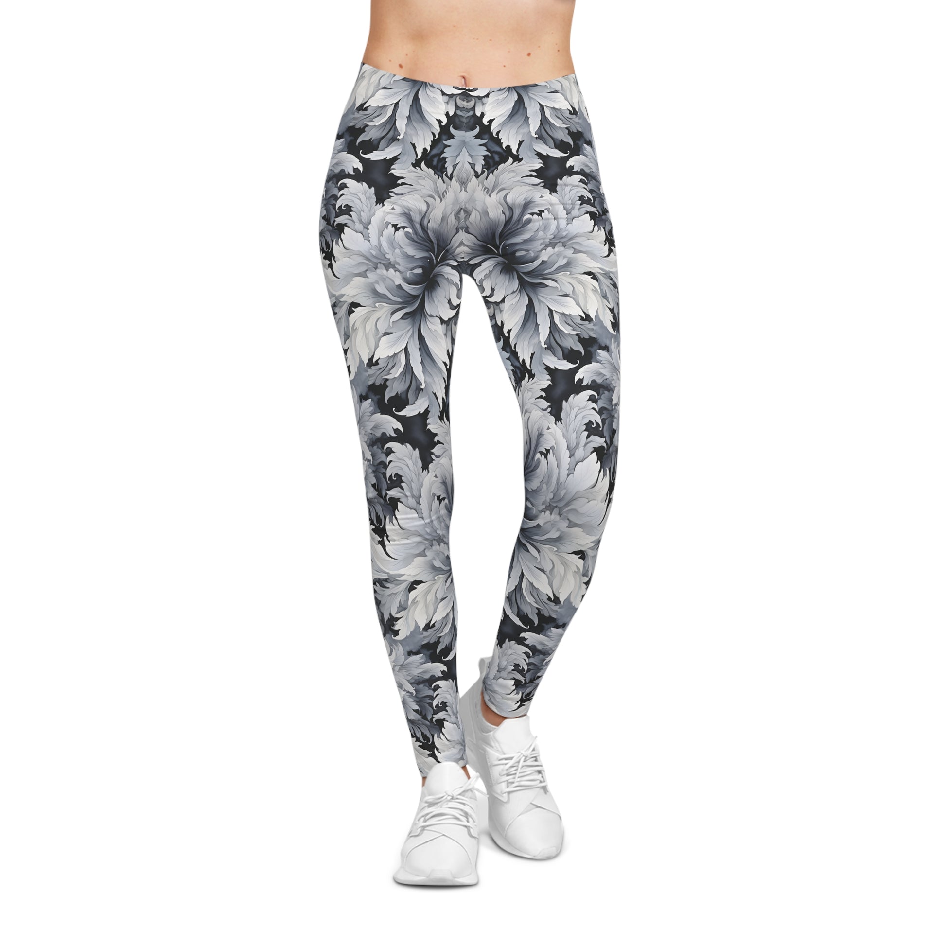 Black and White Floral Design Leggings Front