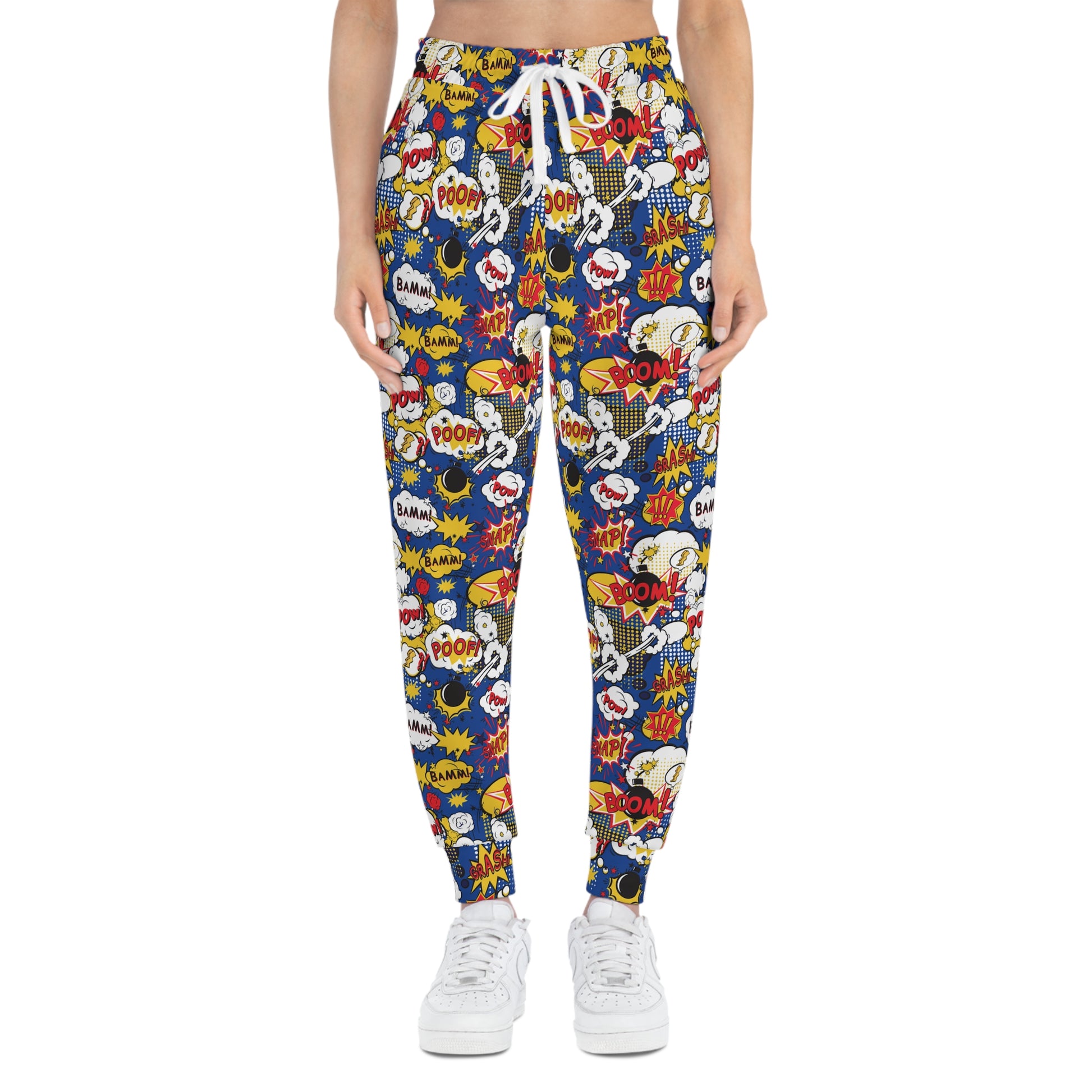 Blue Joggers with Comic Book Effects Design Woman Front