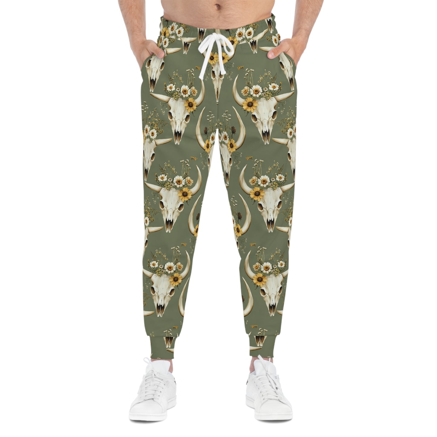 Khaki Green Joggers with Flower-Decorated Bull Skull Man Front