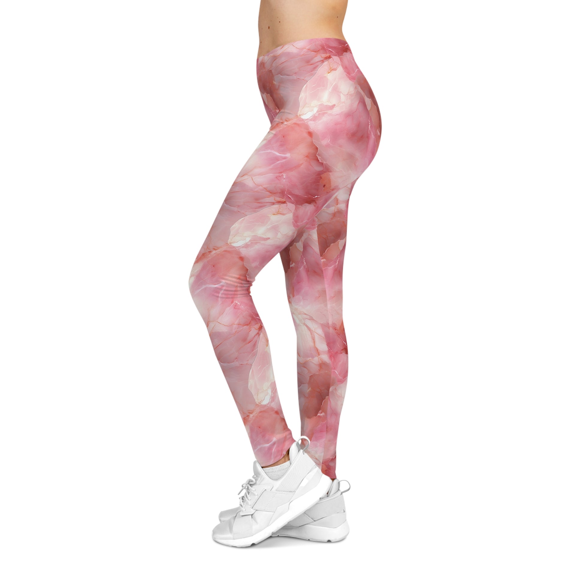 Pink and White Colored Marble Leggings Left