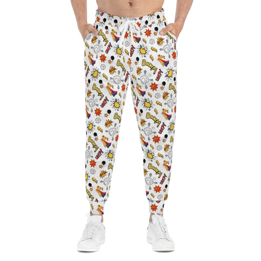 White Joggers with Comic Book Effects Man Front