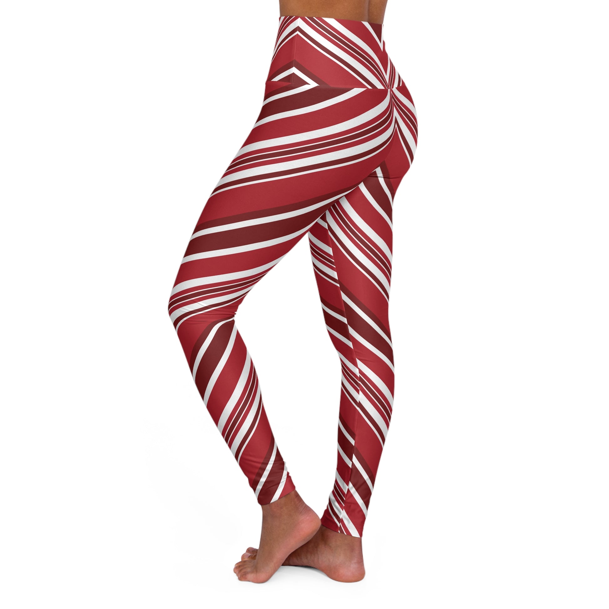 Red and White Striped High Waisted Leggings Left