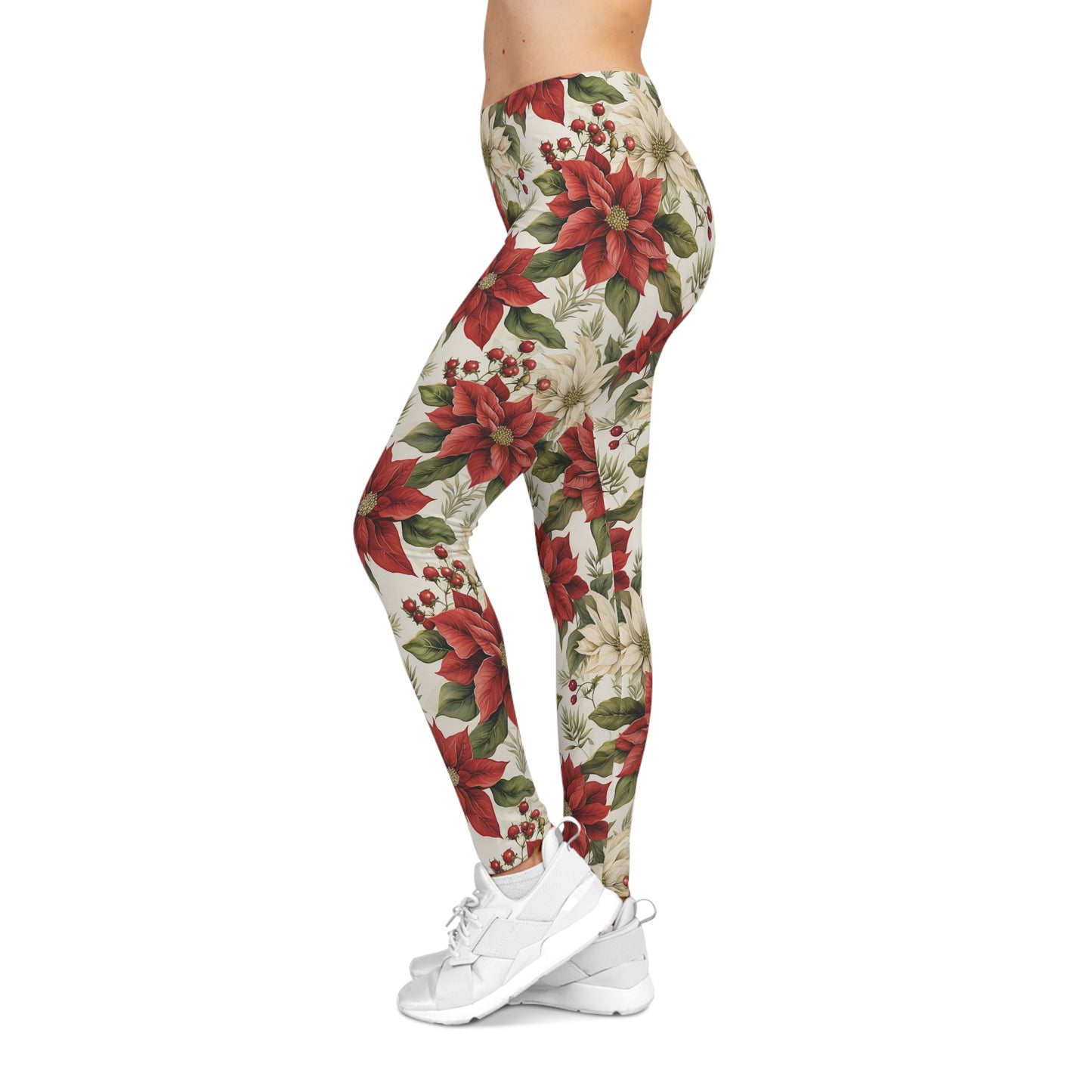 Leggings with Red and White Floral Design Left