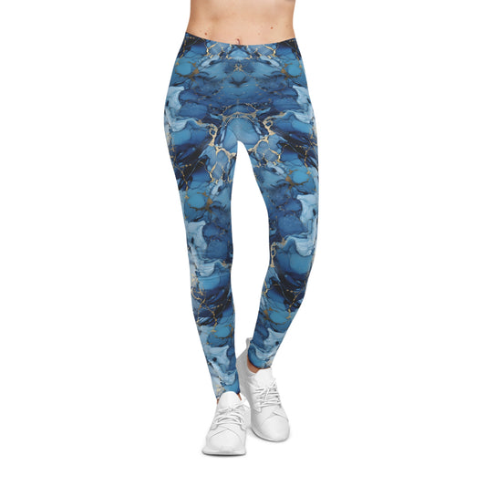 Leggings with Blue and Gold Marble Design Front