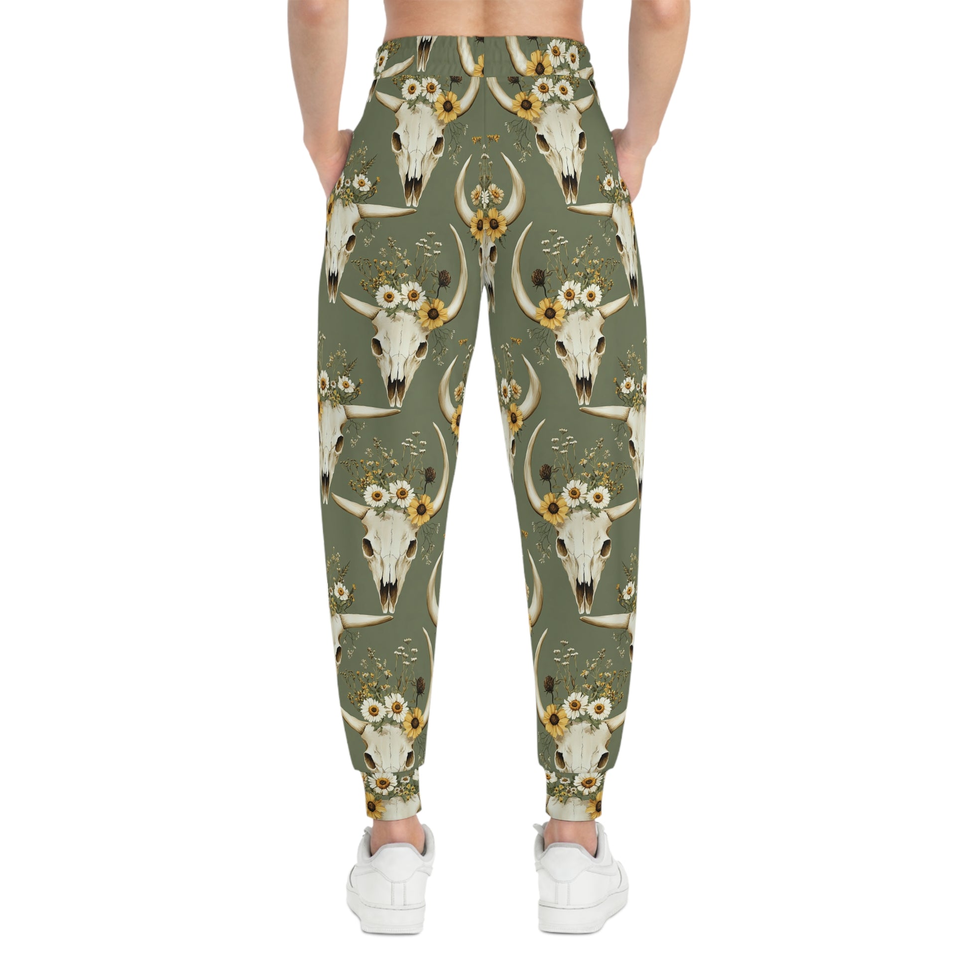 Khaki Green Joggers with Flower-Decorated Bull Skull Woman Back