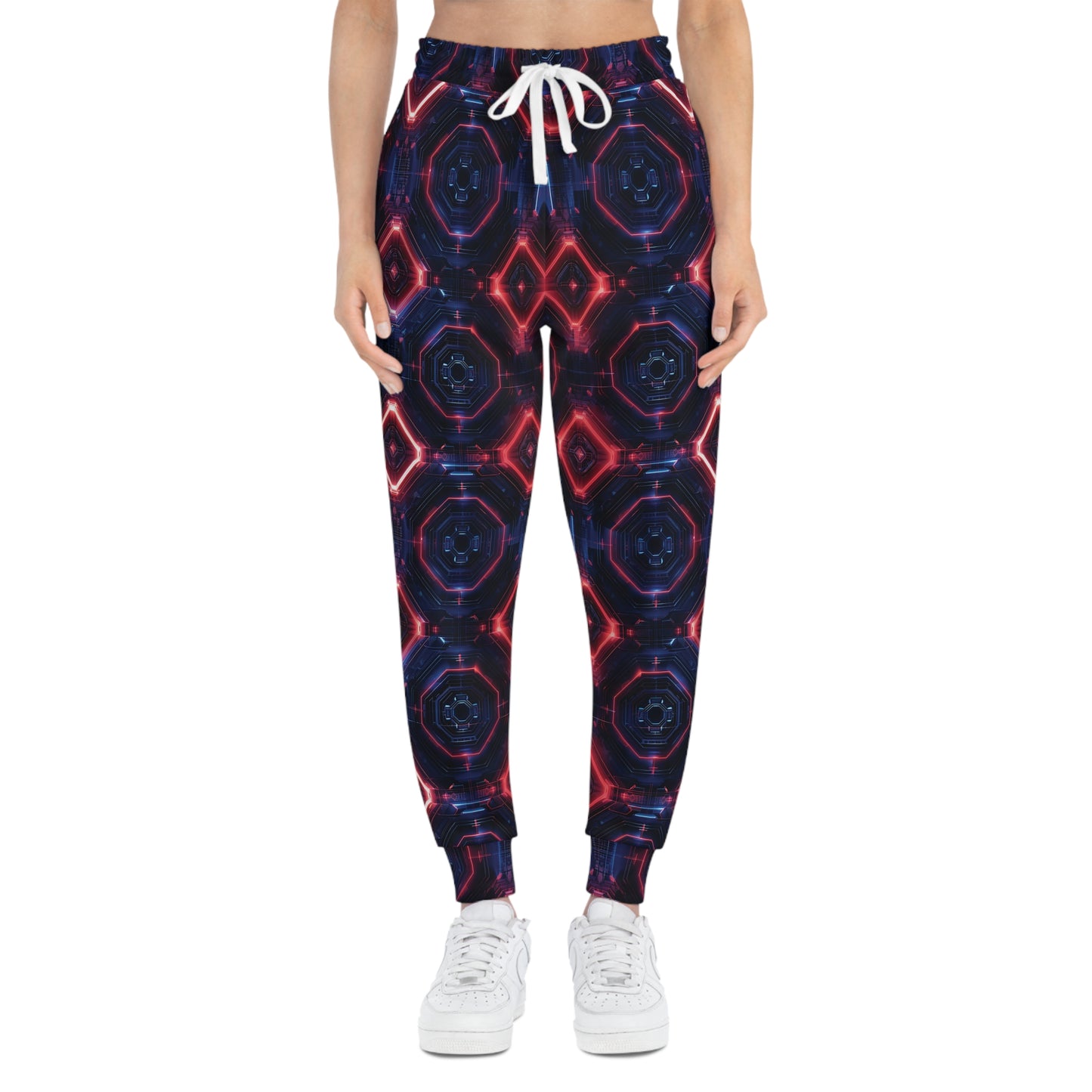 Cyberpunk Joggers with Neon Rhomboid Lights Design Woman Front