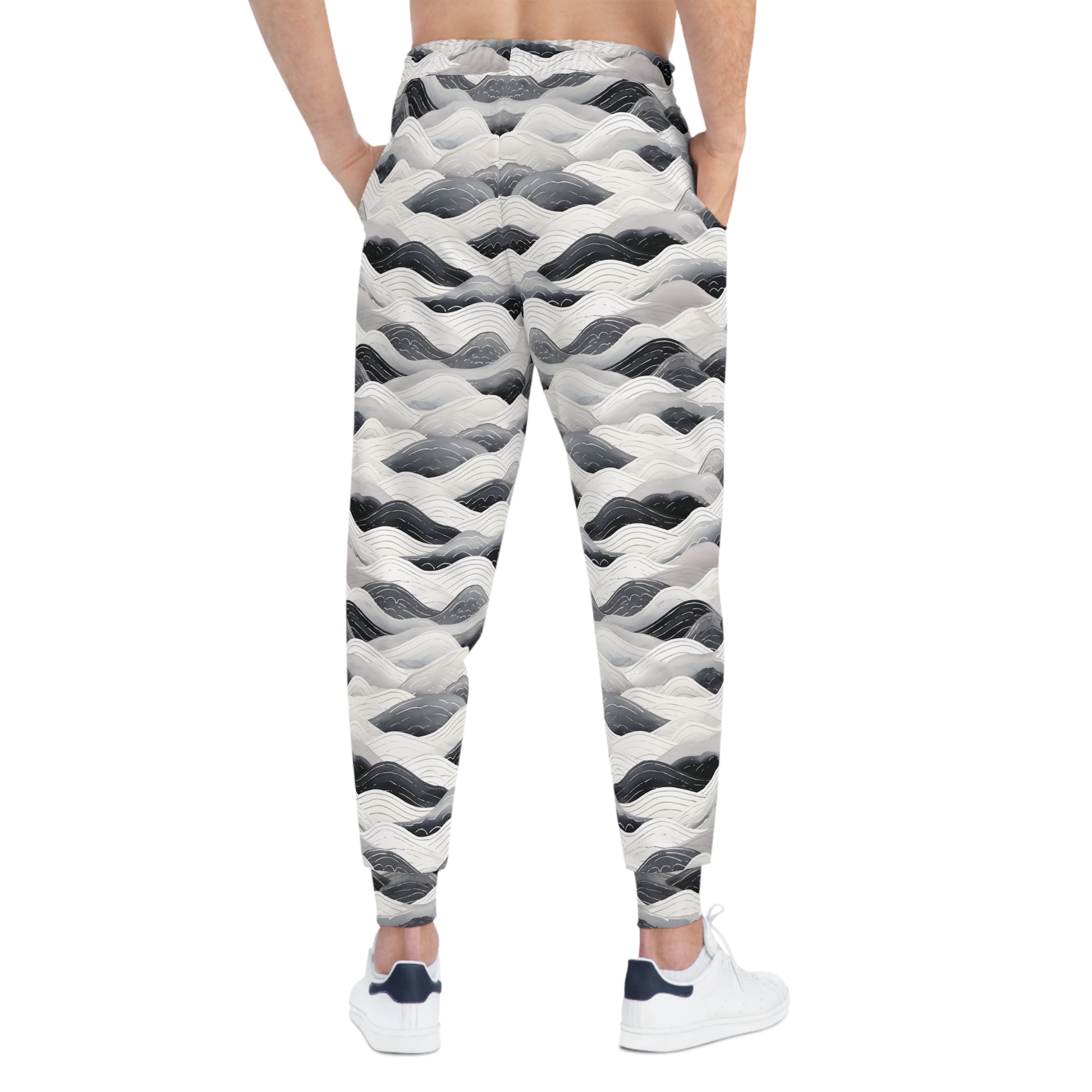 Black and White Joggers with Ocean Waves Pattern Man Back