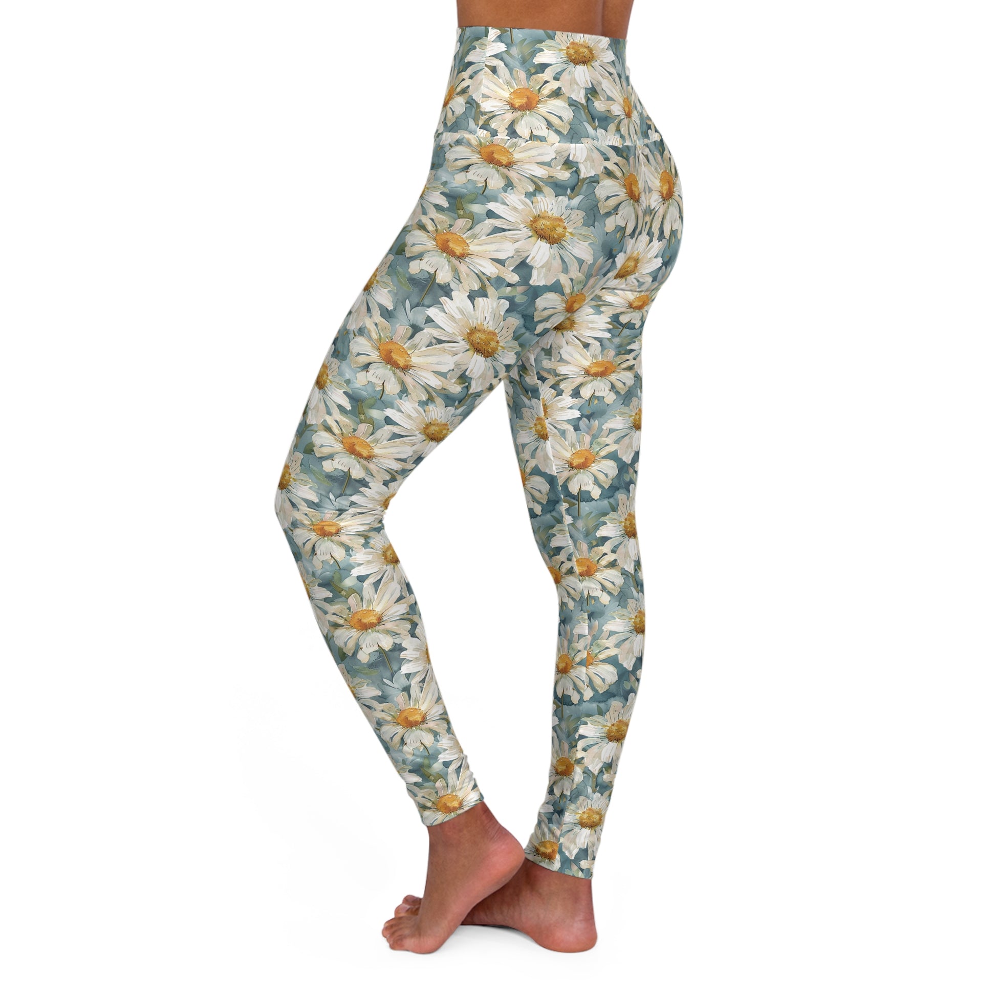 Watercolor Daisies High Waisted Leggings Left