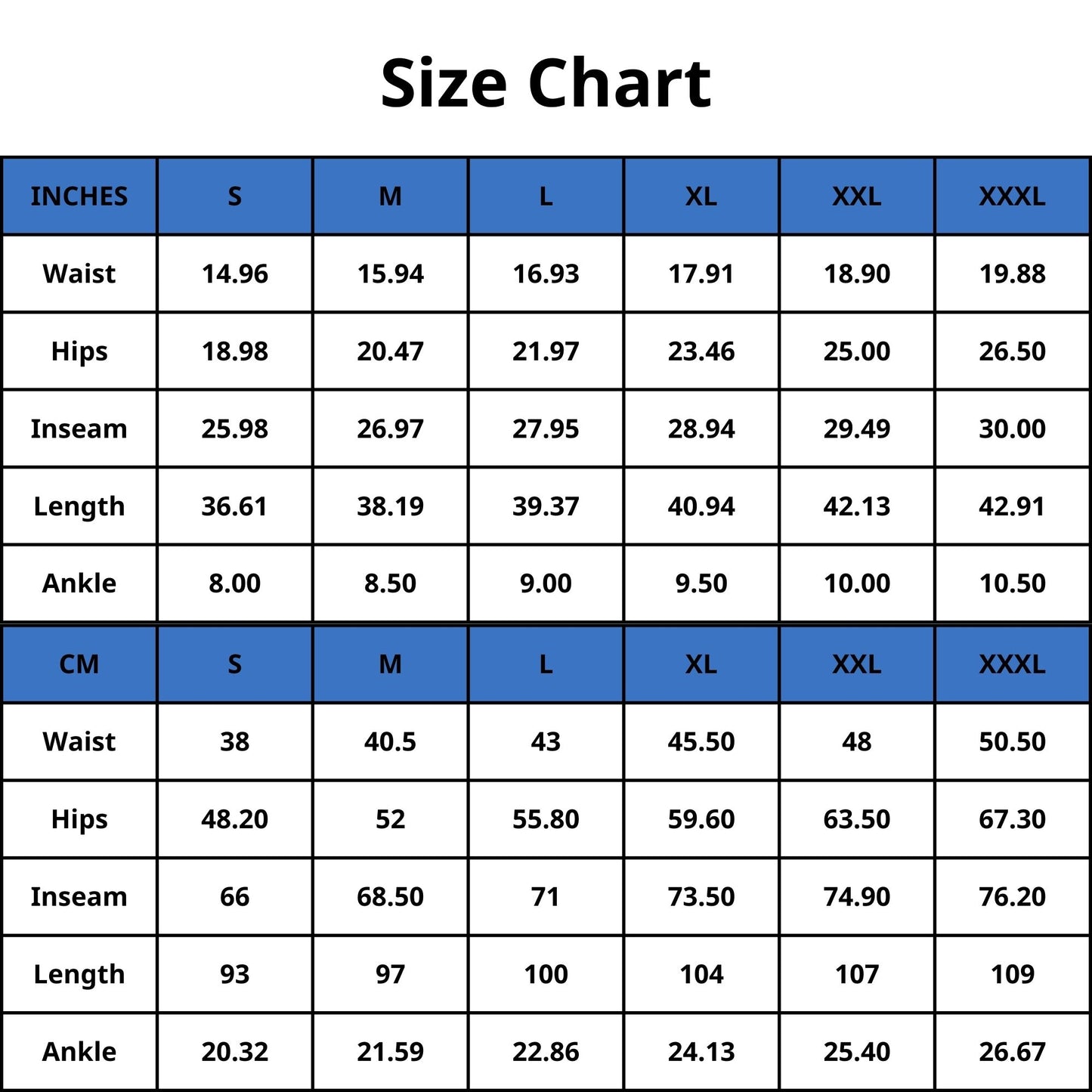 Joggers size chart